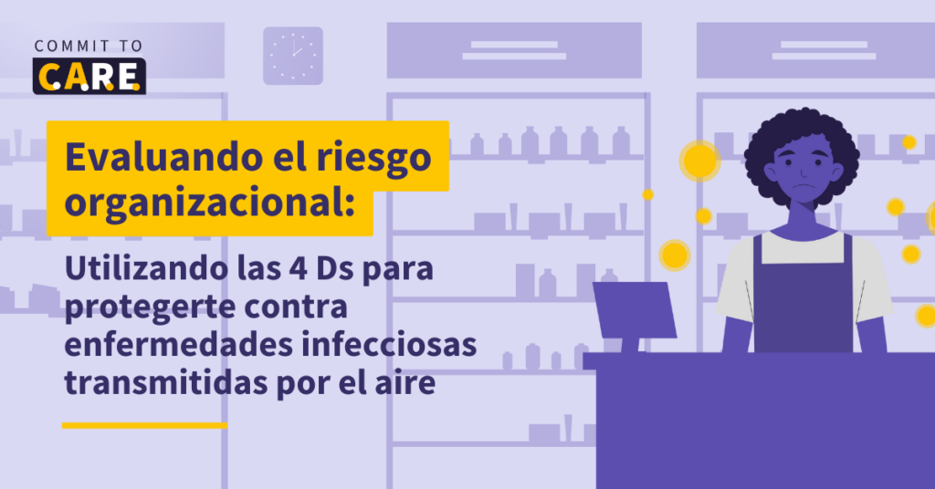 Imagen con texto “Evaluando el riesgo organizacional: Utilizando las 4 Ds para protegerte contra enfermedades infecciosas transmitidas por el aire”